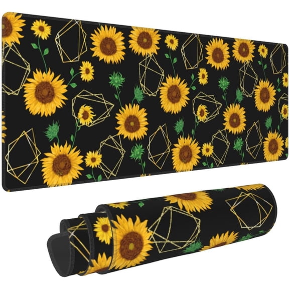 XL Large Gaming Mouse Pad, Sunflower Full Desk Mousepad with Stitched, Long Non-Slip Base Keyboard Pad, Waterproof Extended PC Laptop Computer Mat, (Gold and Black, 31.5 * 11.8 in)