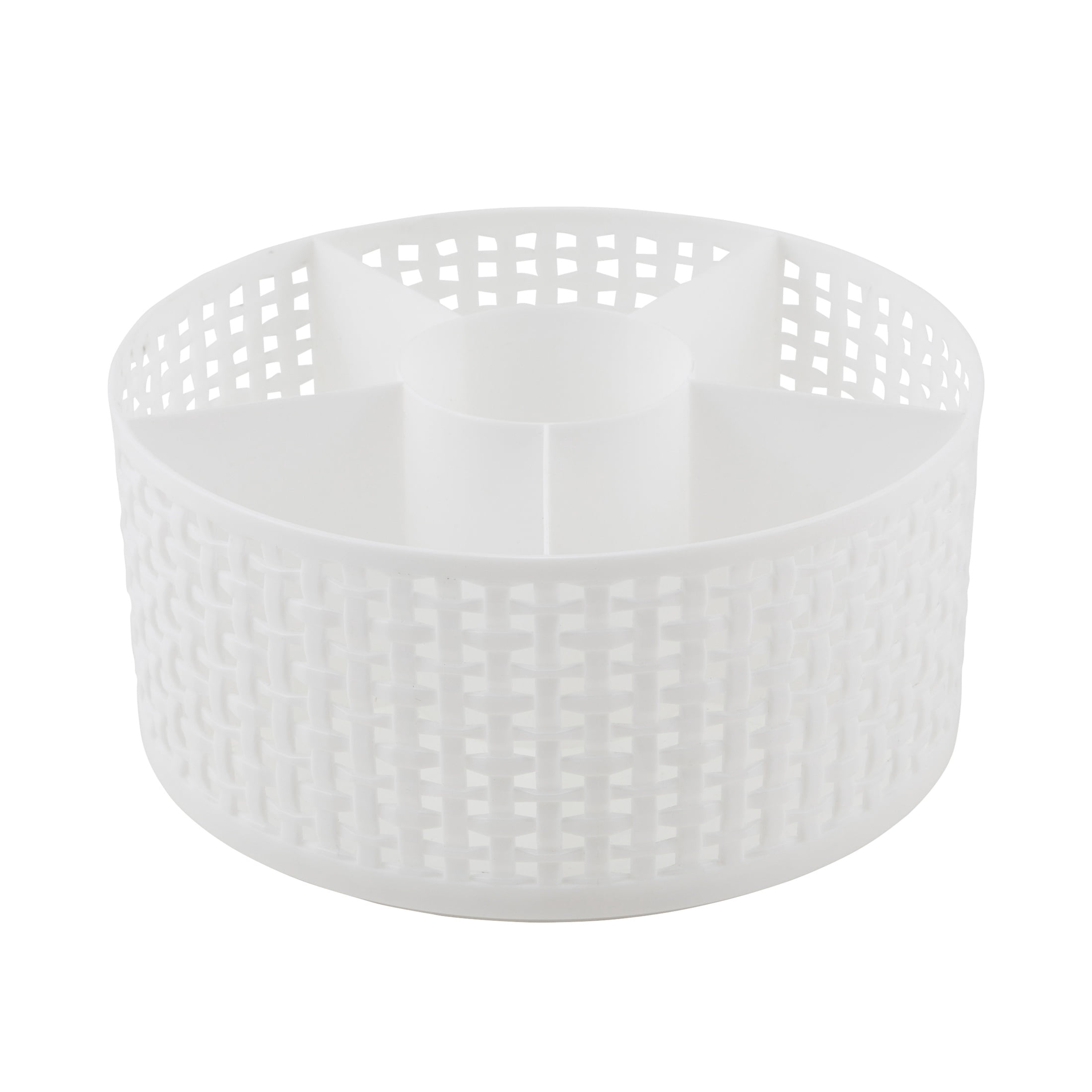Thinkspace Brand Extra Large Lazy Susan Weave Rotating Beauty Organizer, White. 6 Large Compartments
