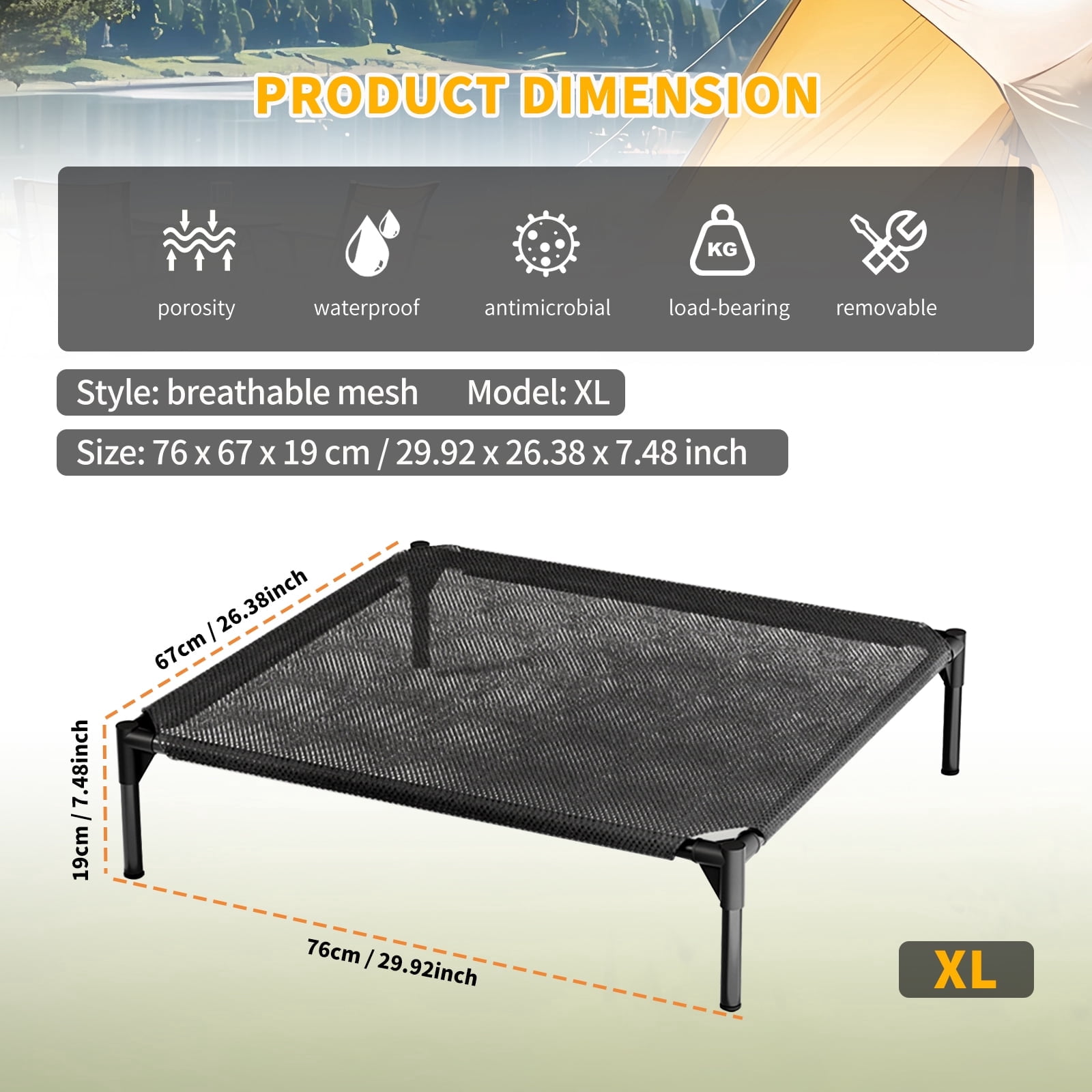 XL Mesh Elevated Pet Bed Ventilated Cooling Dog Cot with Heat Dissipation, Chew Resistant PVC Teslin Fabric Detachable Portable Sleeping Bed for Small Medium Cats Dogs Indoor Outdoor Use