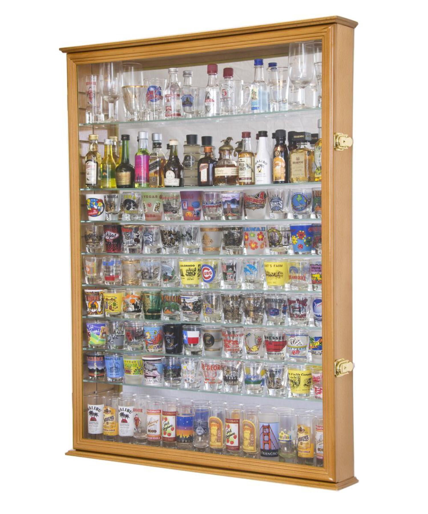 XL Mirror Backed and 11 Glass Shelves Shot Glasses Display Case Cabinet