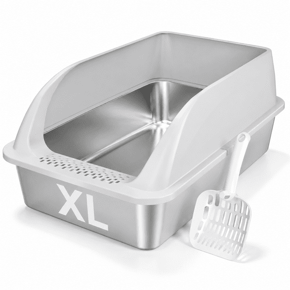 XL Open Top Stainless Steel Cat Litter Box, Light Gray-1Pack, High Sides Extra Large Capacity