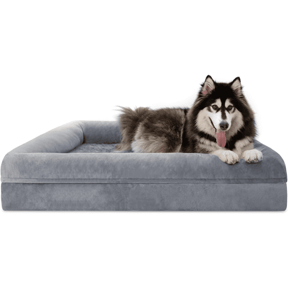 XL Orthopedic Dog Bed for Large Dogs, Big Waterproof Dog Bed with Removable Washable Cover, 4-Sides Removable Bolster Pet Couch Sofa with Non-Slip Bottom, Grey