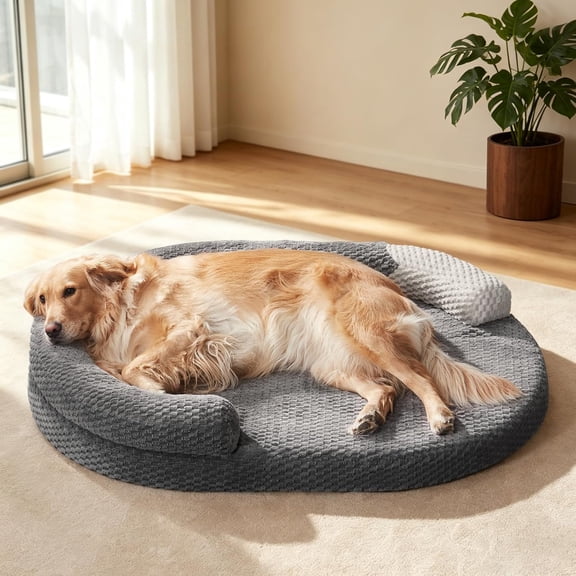XL Orthopedic Dog Beds Large Sized Dog, Extra Large Washable Waterproof Oval Large Dog Bed with Removable Cover, Egg-Crate Foam Pet Bed with Bolster & Non-Skid Bottom, Dark Grey, 42''x31''