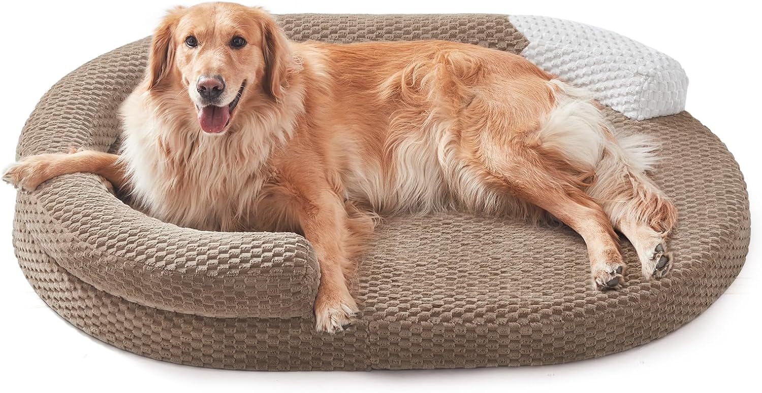 XL Orthopedic Dog Beds Large Sized Dog, Extra Large Washable Waterproof Oval Large Dog Bed with Removable Cover, Egg-Crate Foam Pet Bed with Bolster Sides & Non-Skid Bottom, Brown, 42''x31''