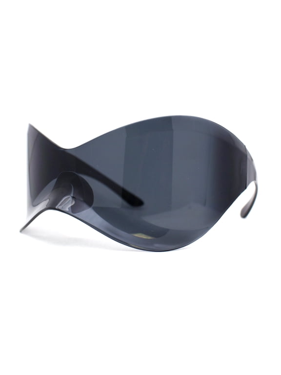 XL Oversized Duckbill Curved Wrap Rimless Shield Plastic Sunglasses Black