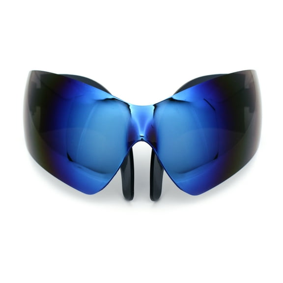 XL Oversized Rimless Shield Futuristic Wrap 80s Funky Robotic Sunglasses Blue Mirror