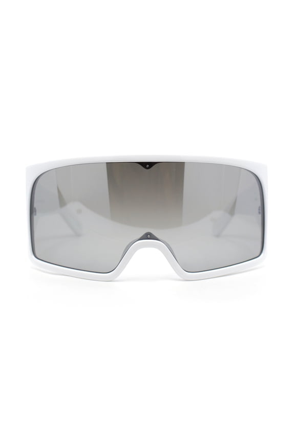 XL Oversized Shield Rectangle Super Thick Temple Plastic Sport Sunglasses White - Silver Mirror