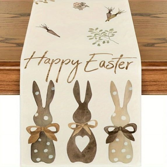 XL Polyester Table Runner With Rabbits Bunny Happy Easter Print For Dining Table Kitchen Indoor Outdoor Party Decor 33.0 X 108.3 Inch