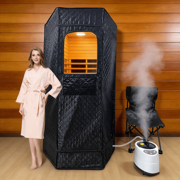 XL Portable Steam Sauna Box Home Spa 4 L Generator Remote Control Personal Tent with Folding Chair Polygonal Design 41.3x70.8in Easy Setup Indoor Full Size Wet Dry Matte Finish Relaxation Experience