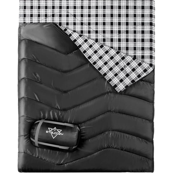 XL Queen-Size 2-Person Double Sleeping Bag with Flannel Liner, Hollow Fiber Insulation, Dual Zippers, and Draft Tube Black/White, All-Season, Machine Washable