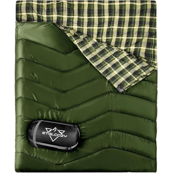 XL Queen Size Double Sleeping Bag for Adults Lightweight Compact with Flannel Liner Thermolock Draft Tube Machine Washable All Season Color Green