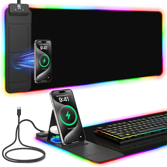 XL RGB Gaming Mouse Pad with Foldable Phone Holder and Dual Qi Wireless Charging Station 31.5 x 11.8 Inches