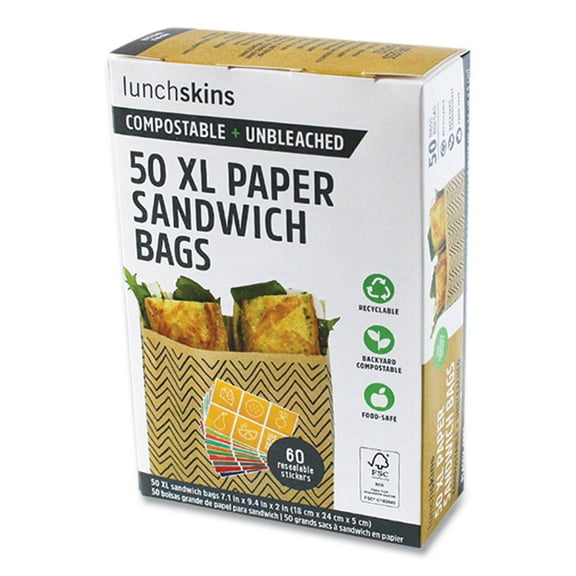 XL Sandwich Bag with Resealable Stickers, 7.1 x 2 x 9.1, Kraft with Black Chevron Pattern, 50/Box | Bundle of 2 Boxes