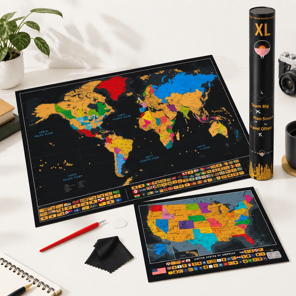 XL Scratch Off World Map with 233 Flags, 36 x 24 Inch Detailed Travel Wall Art