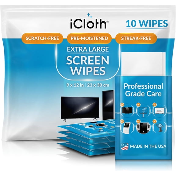XL Screen Cleaning Wipes, Lint-Free and Streak-Free, Fast-Drying, Removes Dust, Fingerprints, and Smudges (10 XL Wipes)