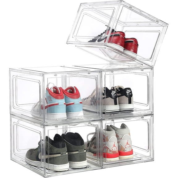 XL Shoe Boxes Clear Plastic Stackable, Extra Large Acylic Display Case, 5 Pack Drop Front Shoe Box with Magnetic Lid,Fit up to Size 15(5 PACK ACYLIC)