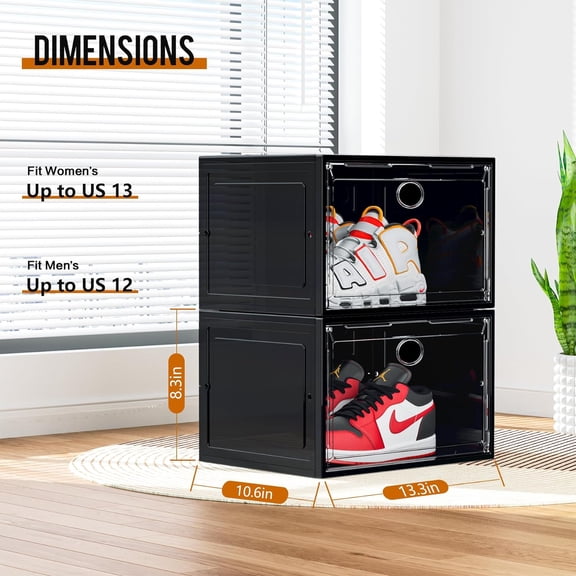 XL Shoe Storage Box Organizer, 8 Pack Shoe Boxes Clear Plastic Stackable, Sneaker Display Case Container Fit for US 13 (Side 8 PACK BLACK)