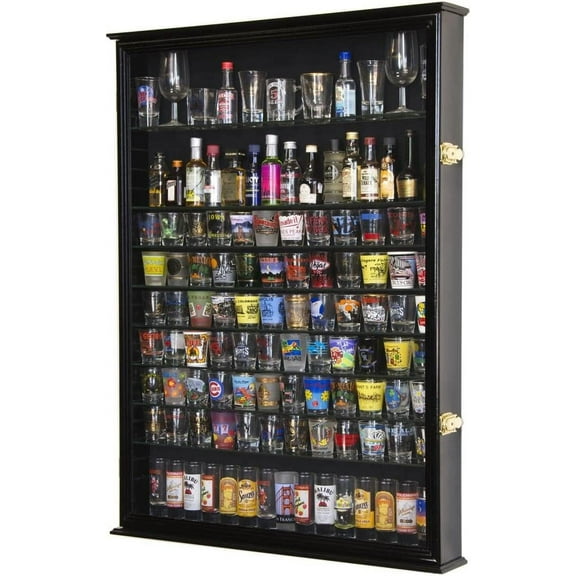 XL Shot Glass Display Case Rack Holder Cabinet for Tall Shooter and Mini Liquor Bottle