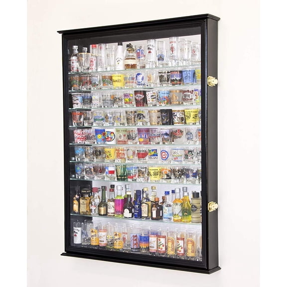 XL Shot Glass Display Case Rack Holder Cabinet w/Mirror Backed and 11 Glass Shelves -Cherry