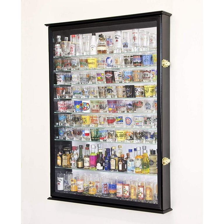 XL Shot Glass Display Case Rack Holder Cabinet w Mirror Backed and 11 Glass Shelves Cherry Walmart