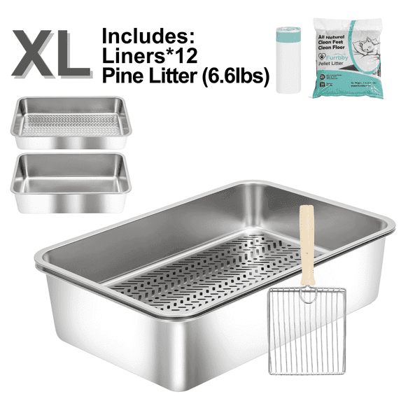 XL Sifting Cat Litter Box for Pine Pellets, Stainless Steel Sifting Box, for Large-Cat, Odor Control, Anti-Tracking, No Scoop, Includes Liners, Pine Litter & Metal Scoop