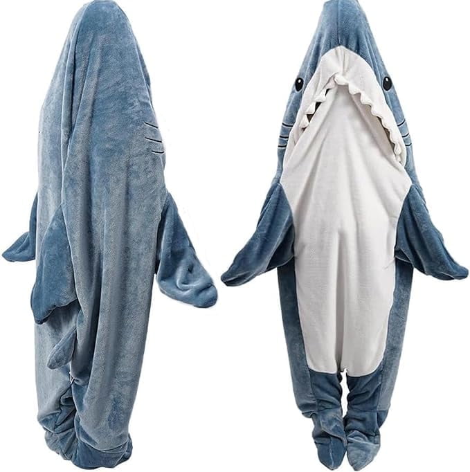XL Size Flannel Shark Blanket Hoodie, Soft Cozy Warm Wearable Shark Blanket, Funny Shark Onesie Sleeping Bag Blanket，Wearable shark blanket hoodie cartoon animal one-piece blanket(Blue）