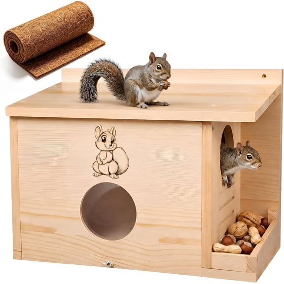 XL Squirrel House 16.5", Anti-Predator Nesting Box with Feeder, Viewing Window, Wooden Outdoor Squirrel Shelter