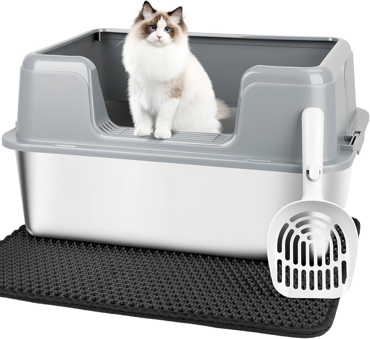 XL Stainless Litter Box, High Side Litter Pan with Scoop and Mat for ...