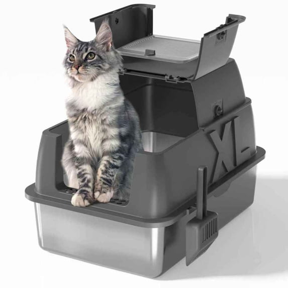 XL Stainless Steel Cat Litter Box, 3-in-1 Enclosed/Open Design, Leak-Proof & Odor-Resistant, with Flip-Top Lid and Anti-Slip Base