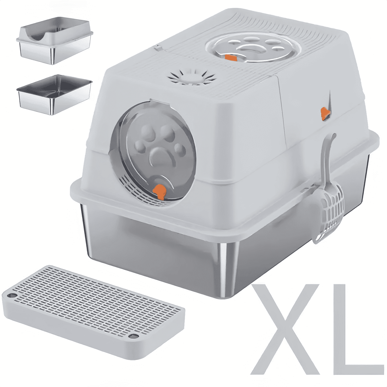 XL Stainless Steel Cat Litter Box, Extra Large Litter Box for Cats, Enclosed Metal Kitty Litter Box with Litter Scooper, Odor-Urine-Proof, Non-Sticky, Easy Rinse Cleaning,Light grey