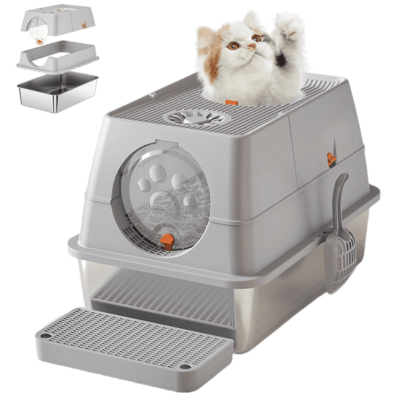 XL Stainless Steel Cat Litter Box, Extra Large Litter Box for Cats, Enclosed Metal Kitty Litter Box with Litter Scooper, Odor-Urine-Proof, Non-Sticky, Easy Rinse Cleaning,Light grey