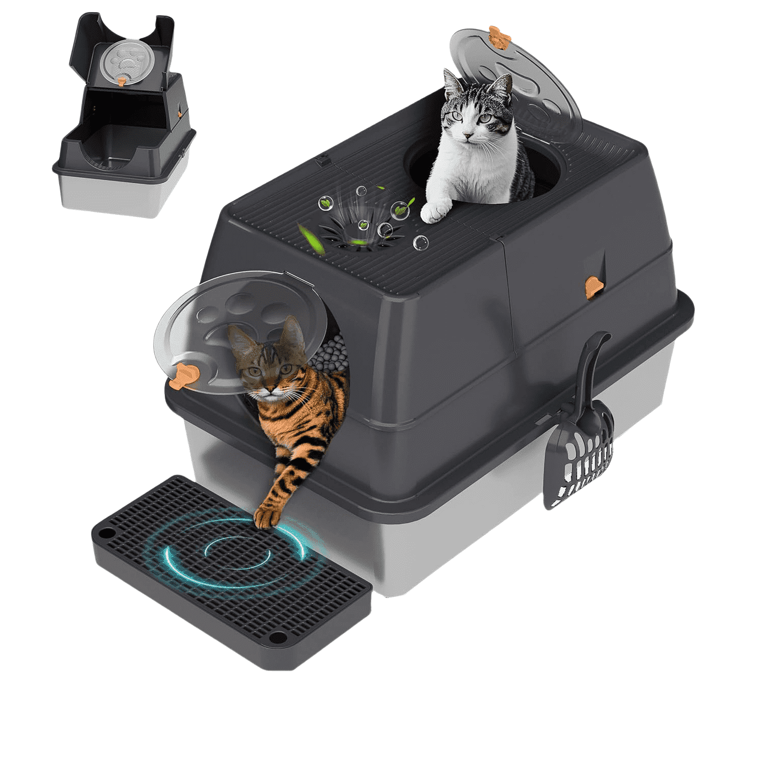 PetWhole Extra Large Stainless Steel Enclosed Cat Litter Box with Accessories, Black