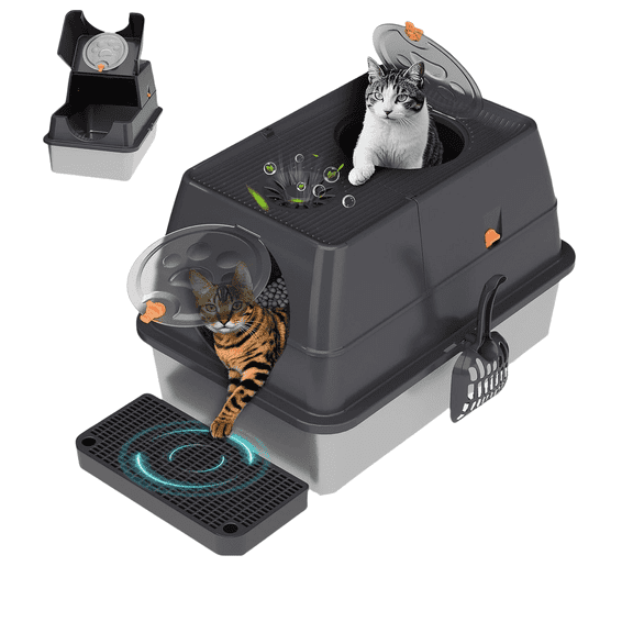 PetWhole Extra Large Stainless Steel Enclosed Cat Litter Box with Accessories, Black