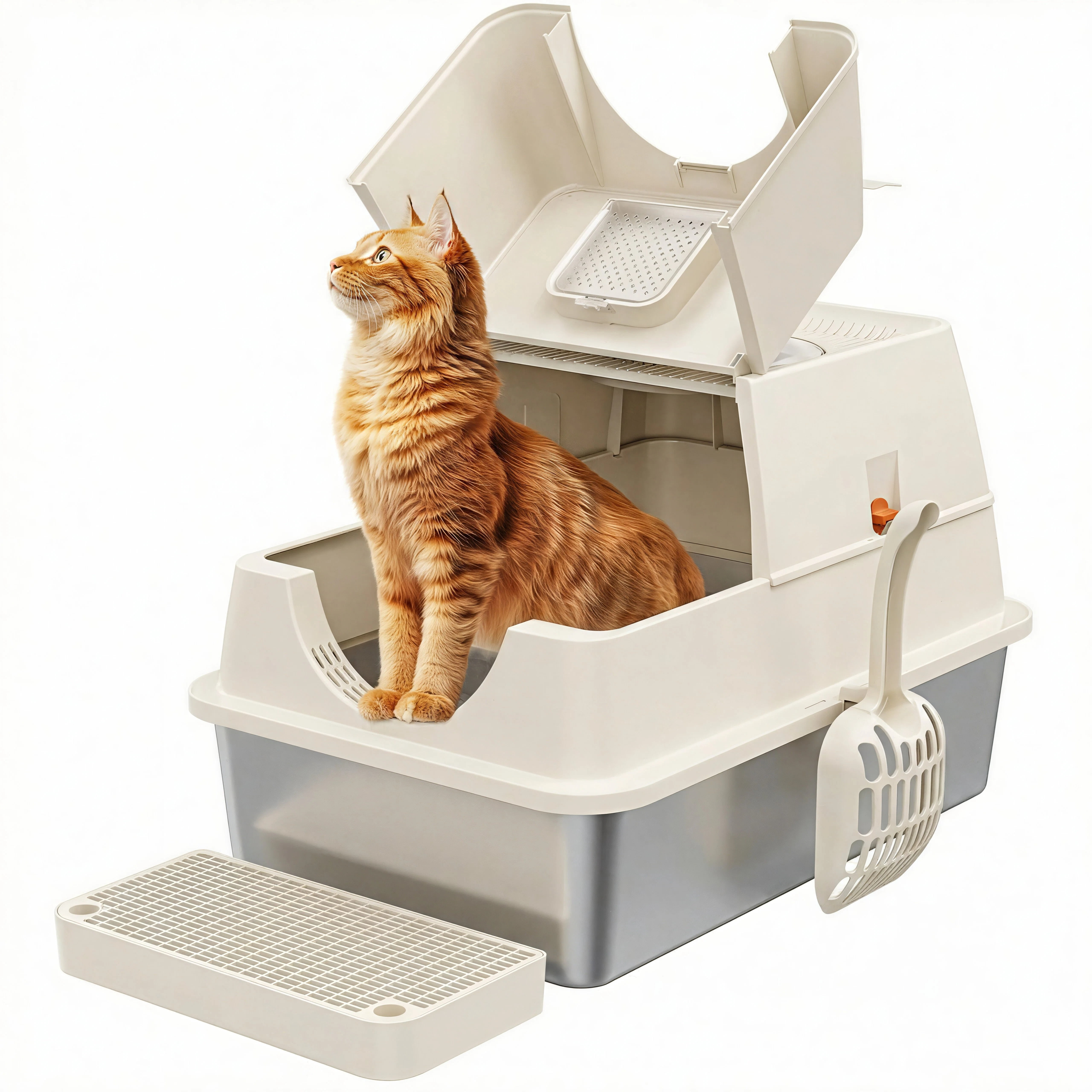 PetWhole Extra Large Stainless Steel Enclosed Cat Litter Box with Litter Scooper, Beige