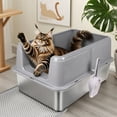thumbnail image 1 of XL Stainless Steel Cat Litter Box Extra Large Litter Pan High Side w/ Scoop Mat, 1 of 10