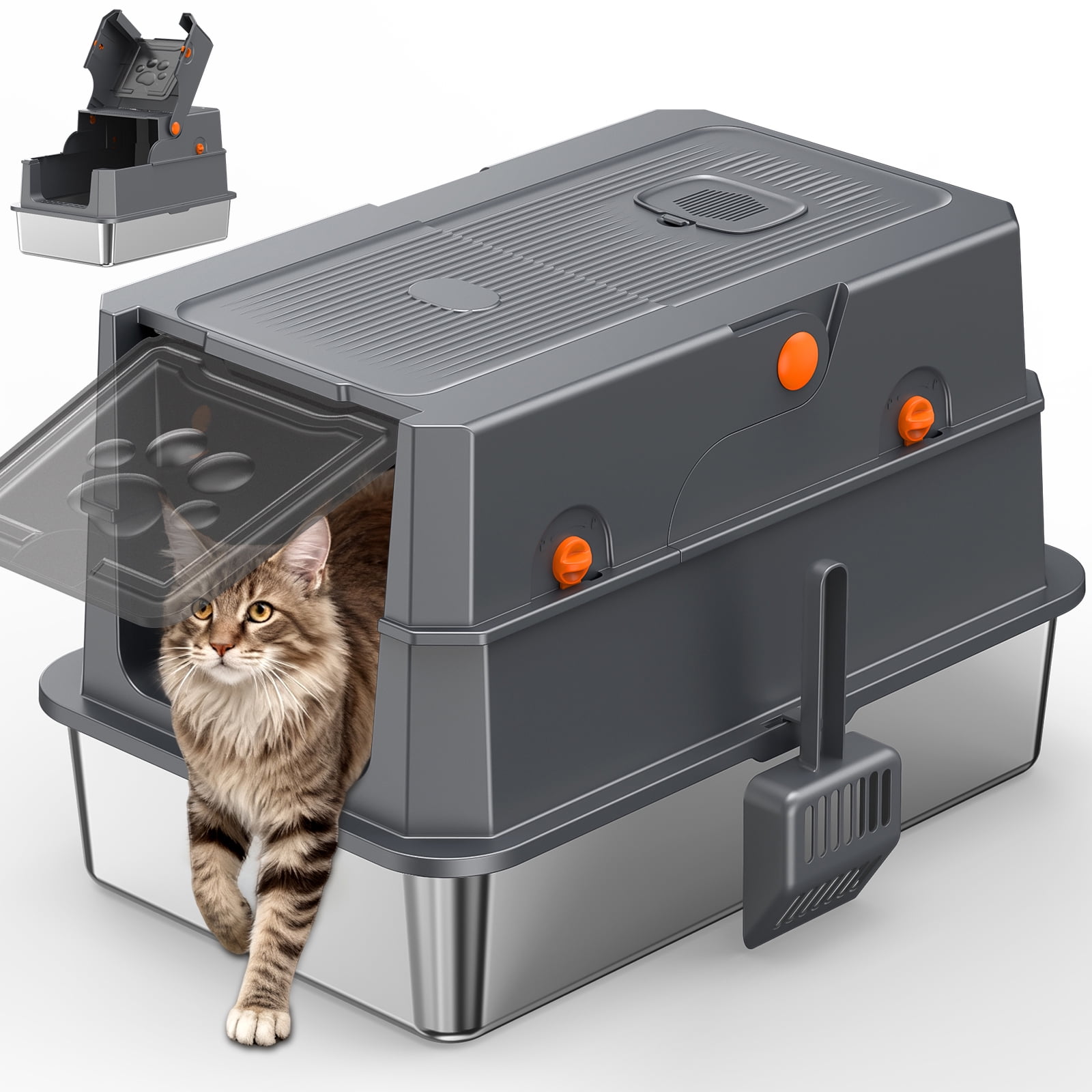 XL Stainless Steel Cat Litter Box with Lid, 3-in-1 Enclosed Litter Box, 23 x 15 Inch Metal Litter Pan for Big Cats, Flip Cover Design, Odor Control with Charcoal Filter, Scoop Included