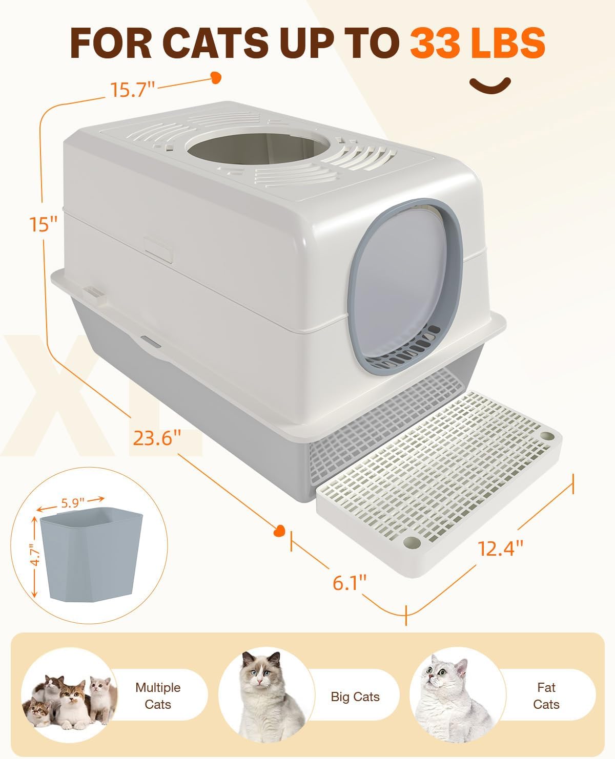XL Stainless Steel Cat Litter Box with Lid, Enclosed High-Sided Top-Entry Design, Large Metal Kitty Litter Box Equipped with Scoop and Trash Bin, White