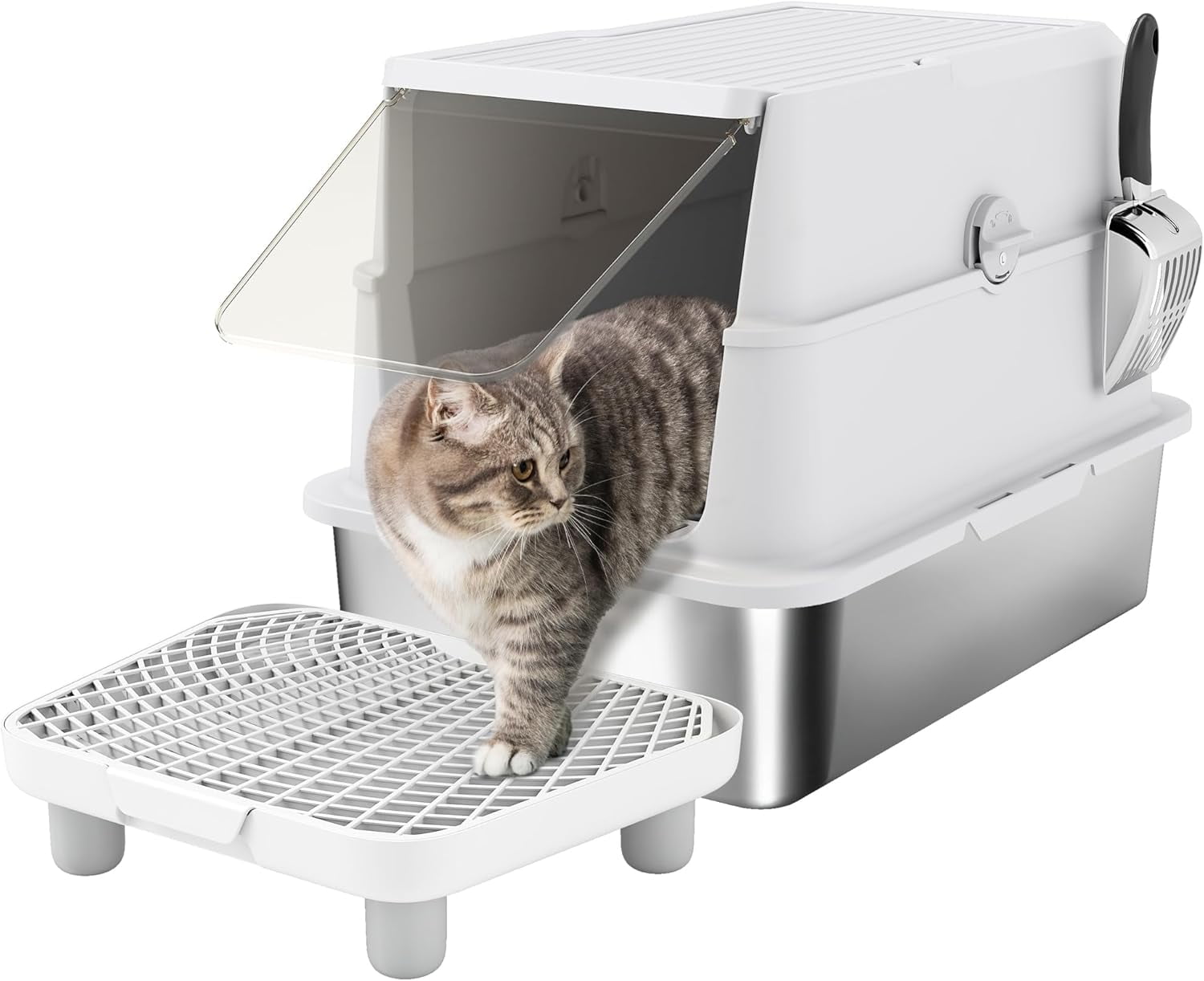 Stainless Steel Cat Litter Box with Lid, for Cats, Enclosed Cat Litter Box with Flip Cover, Scoop