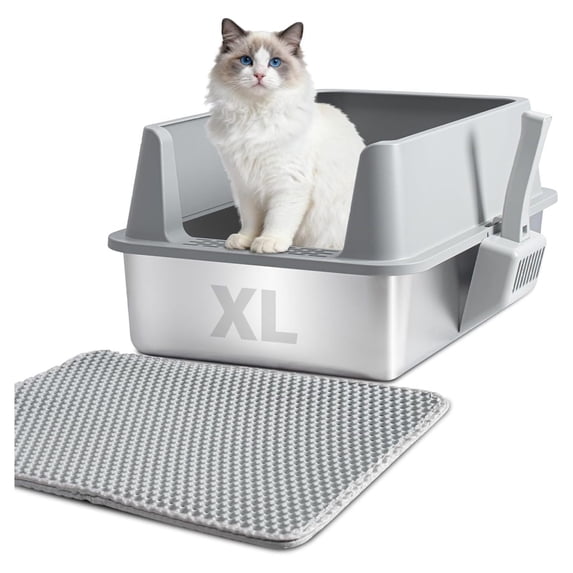 XL Stainless Steel Cat Litter Box with Lid & Mat, Extra Large High Sided Metal Pan - Easy Clean, Odor Control for Multiple Cats, Maine Coon Approved