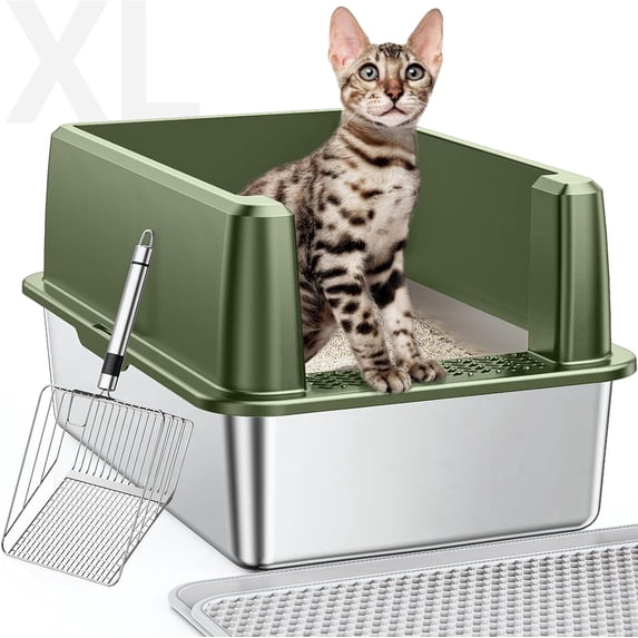 XL Stainless Steel Litter Box, Large Metal Cat Litter Box with High Sided for Big Cats, Easy-Clean Cat Litter Mat & Scoop, Anti-Urine Leakage (Green)