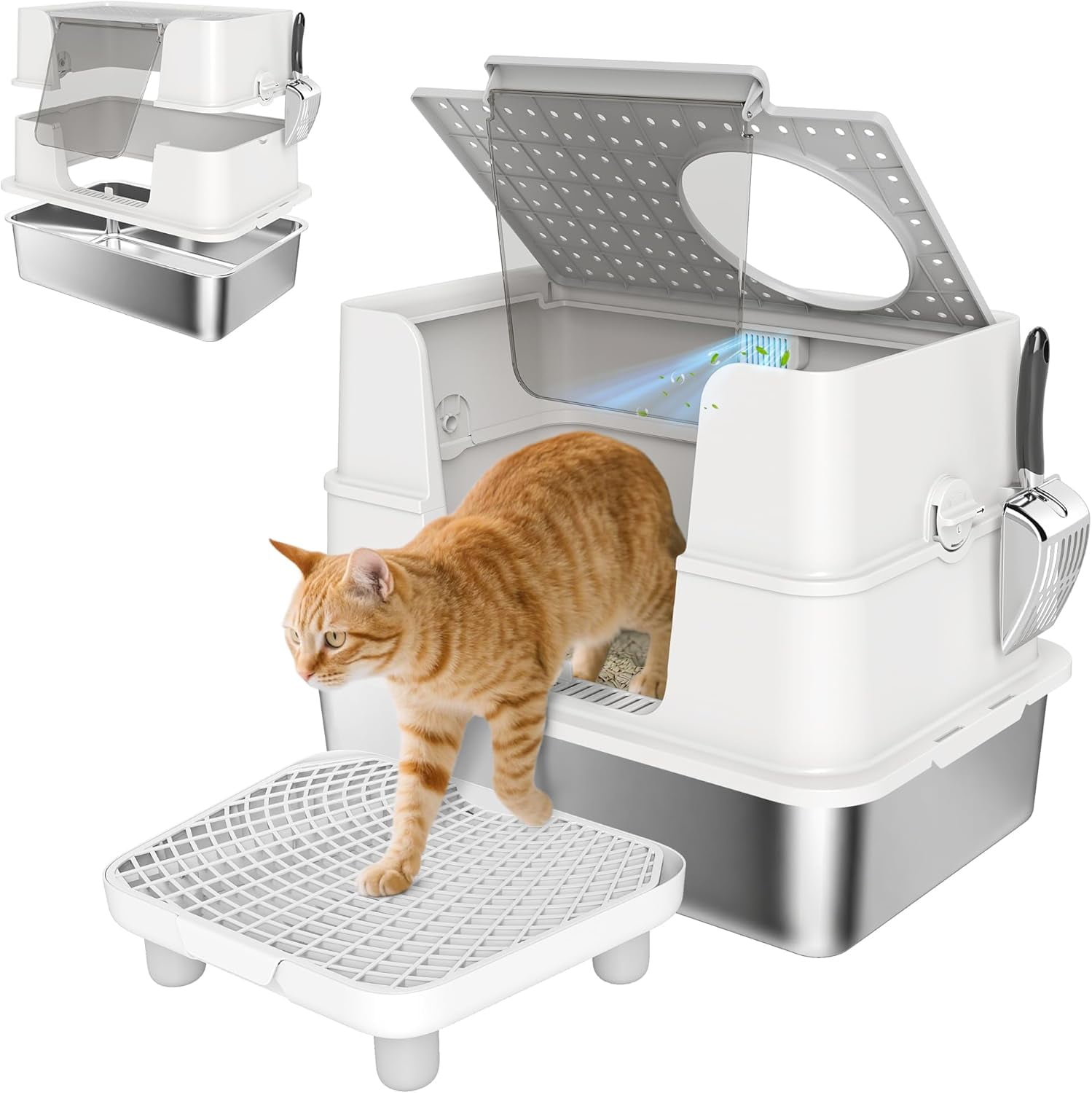 XL Stainless Steel Litter Box with Lid, Extra Large Top & Side Entry Enclosed Litter Box for Big Cats with 100° Flip Top, Scoop, Step, Odor Free, Easy Cleaning, Non-Sticky, Anti Leakage
