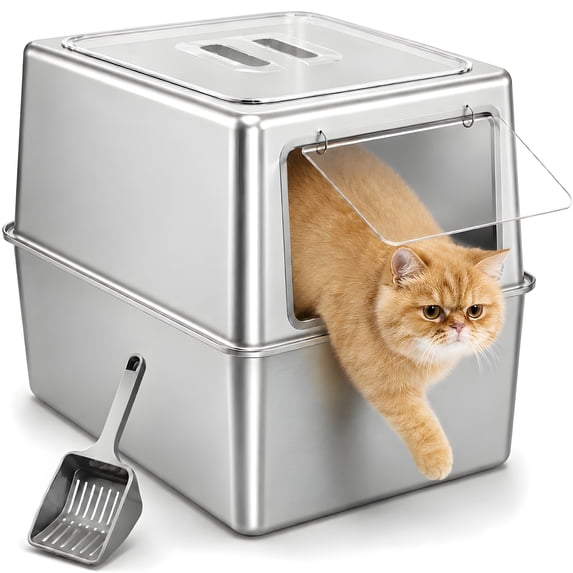 XXL Stainless Steel Litter Box, Metal Cat Litter Box with Lid for Large Cats & Multiple Cats, Odor Control, Anti-Leak & Easy Clean, Rectangle Lid