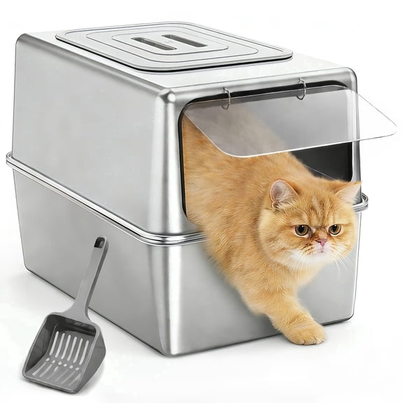 XL Stainless Steel Litter Box, Metal Cat Litter Box with Lid for Large Cats & Multiple Cats, Odor Control, Anti-Leak & Easy Clean, Rectangle Lid