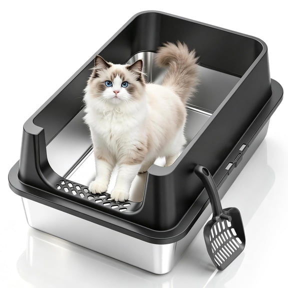 XL Stainless Steel Open Top Cat Litter Box, High Sides, Easy Clean, Black