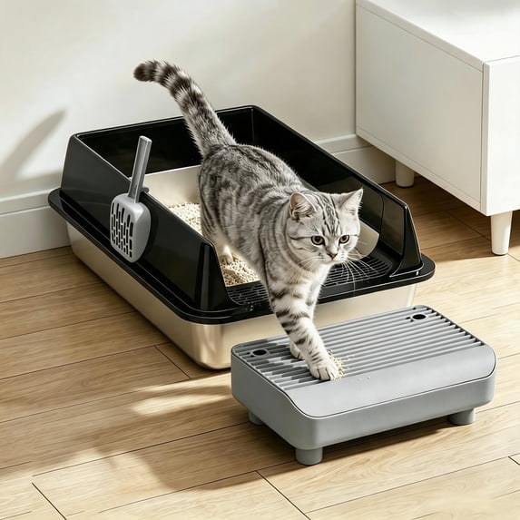 XL Stainless Steel Sifting Cat Litter Box with High Sides and Odor Control