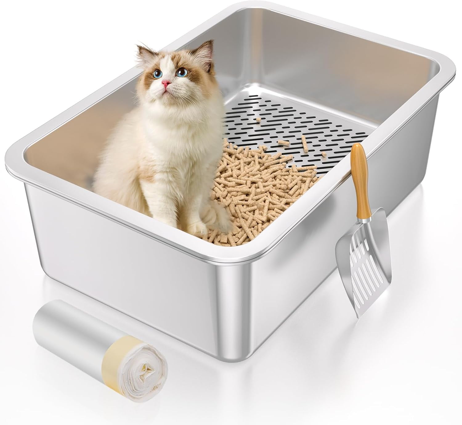 XL Stainless Steel Sifting Litter Box for Big Cats,Metal Sifting
