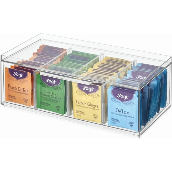 XL Tea Bag Organizer for Counter, 4-Section Clear Stackable Tea Storage Drawer for Cabinet