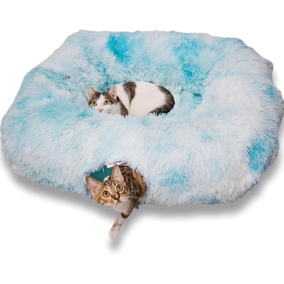 XL Tunnel with Bed for Indoor Cats Peekaboo Cave Donut with Warm Mat,Azure Blue