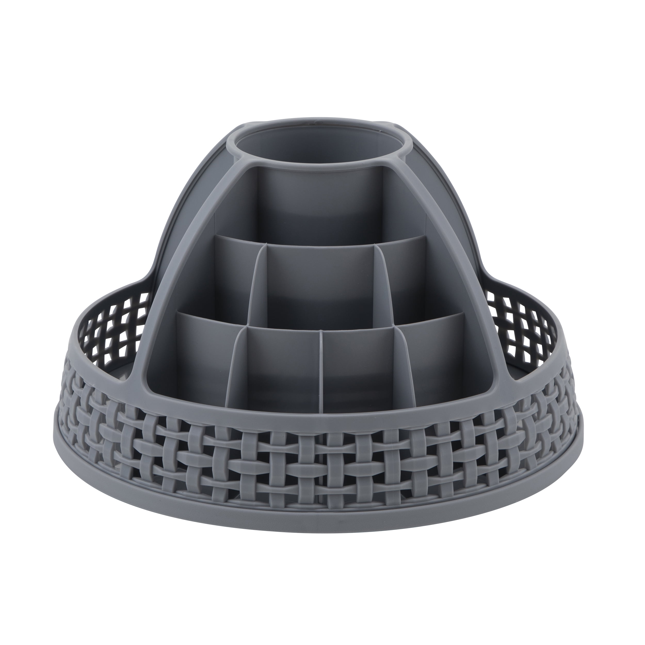 XL Weave Rotating Beauty Org - Gray.  21 different sized compartments to hold all sized cosmetics and beauty tools.