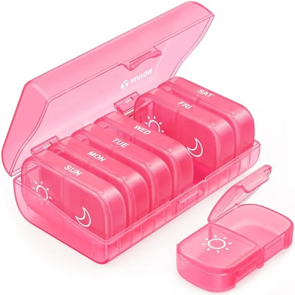 XL Weekly Pill Organizer 2 Times a Day with One-Side Large Opening Design for Easy Filling, AM PM Pill Box 7 Day, Portable Travel Pill Case for Medication, Vitamins, Fish Oils, Supplements Light Pink